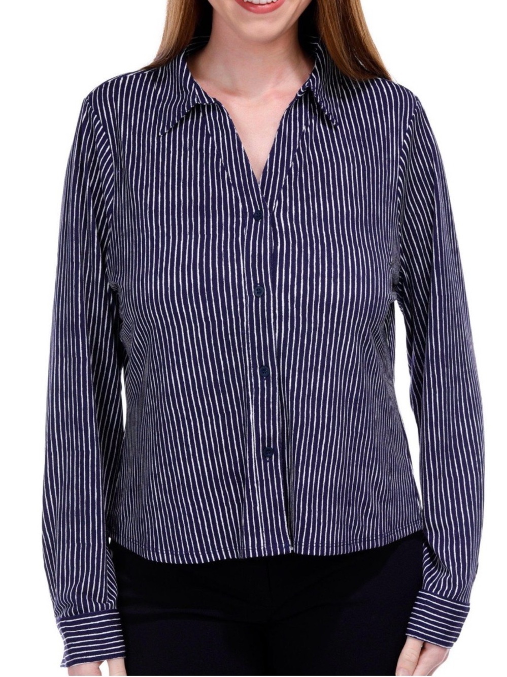 Adrianna Papell Navy and White Vertical Stripe Button-Down Shirt Size Small